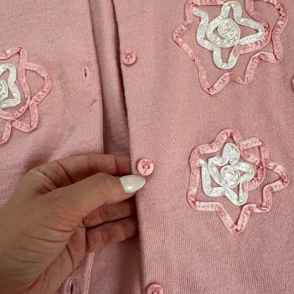 Coquette Balletcore Pink Embroidered Cardigan Vintage Soft Girl Grandma top - Picture 6 of 8